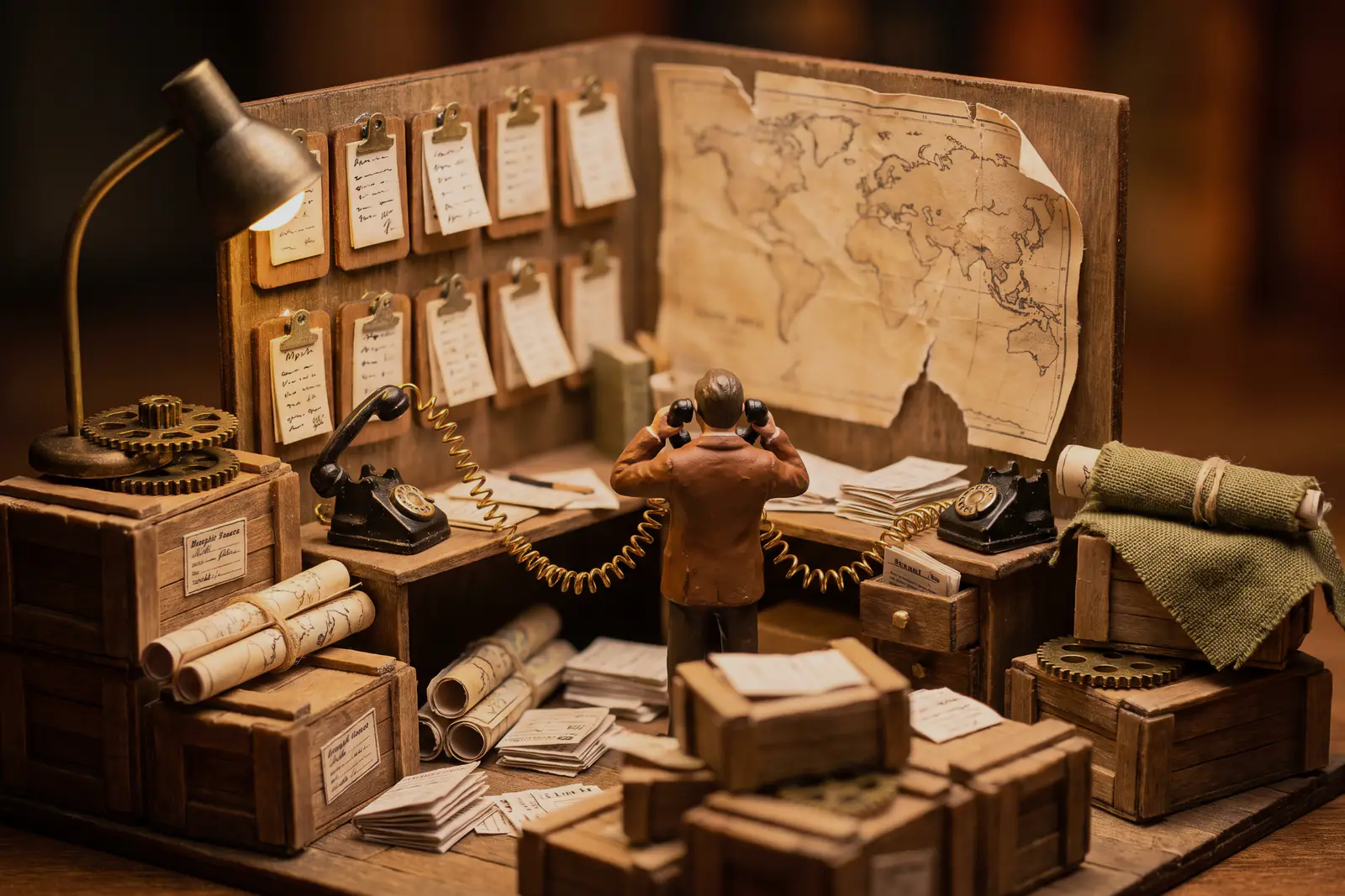 Vorher: eine Disposition als Miniatur. Kisten und Frachtpapiere stapeln sich, die Karte an der Wand ist halb abgerissen; der Disponent hält an jedem Ohr einen Telefonhörer.