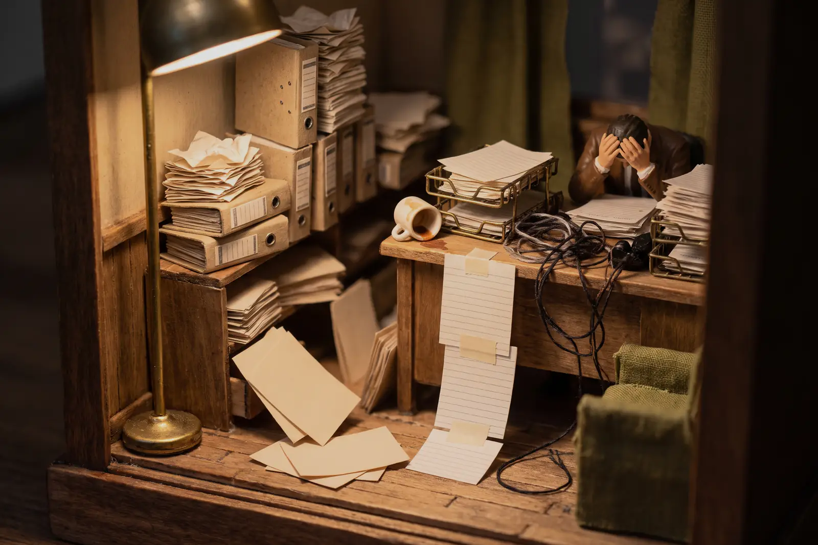 Vorher: ein Büro als Miniatur. Ordner kippen, Papier liegt am Boden, Kabel verheddern sich, die Tasse ist umgefallen; die Person am Schreibtisch hält sich den Kopf.