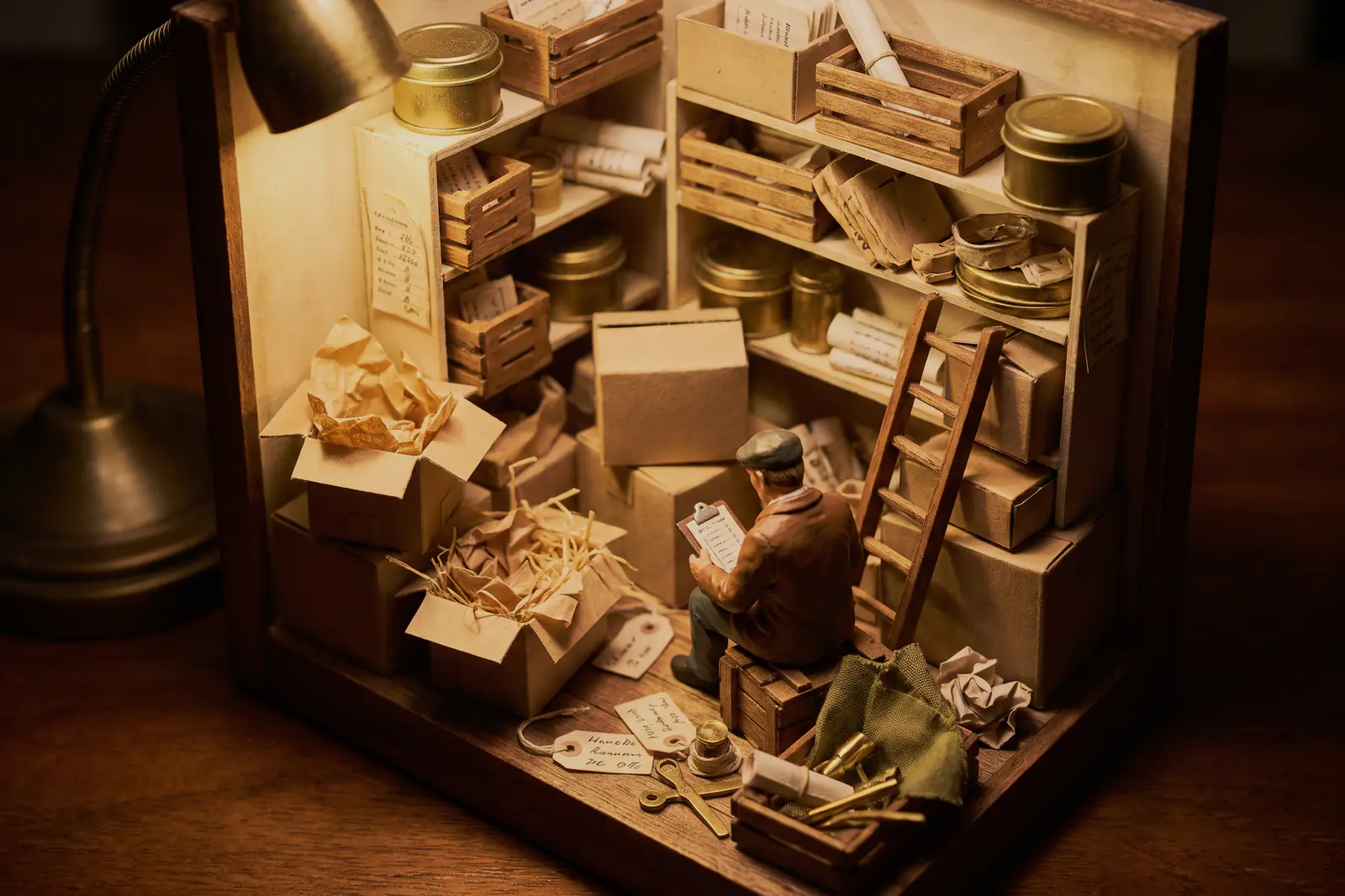 Vorher: das Hinterzimmer eines Ladens als Miniatur. Kartons stapeln sich schief, Holzwolle quillt aus offenen Paketen; der Ladenbesitzer sitzt mit dem Klemmbrett auf einer Kiste.