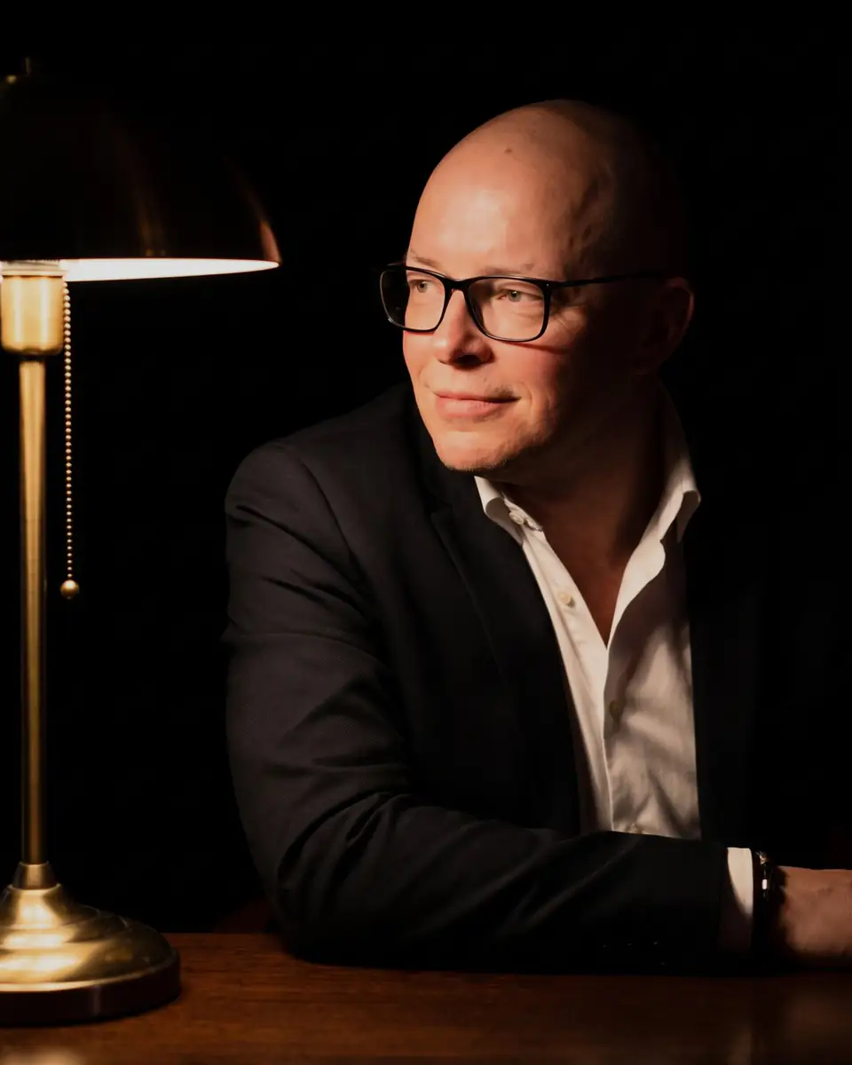 Ole Lobato mit Brille an einem Schreibtisch, neben ihm eine Messinglampe.