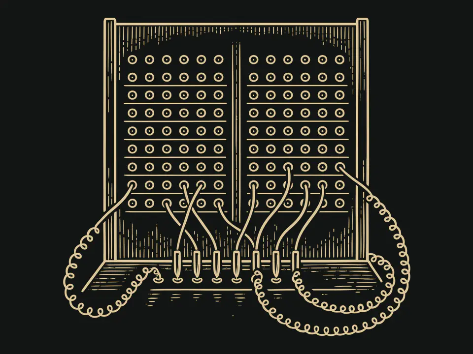 Gravur: eine Telefonvermittlung mit Steckfeld und gesteckten Schnüren.