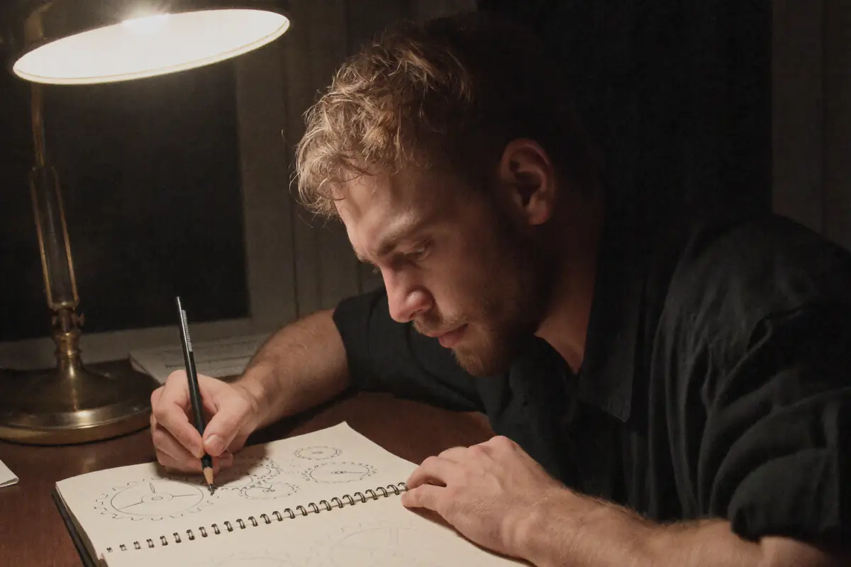 Jules skizziert unter einer Schreibtischlampe Zahnräder in ein Notizbuch.