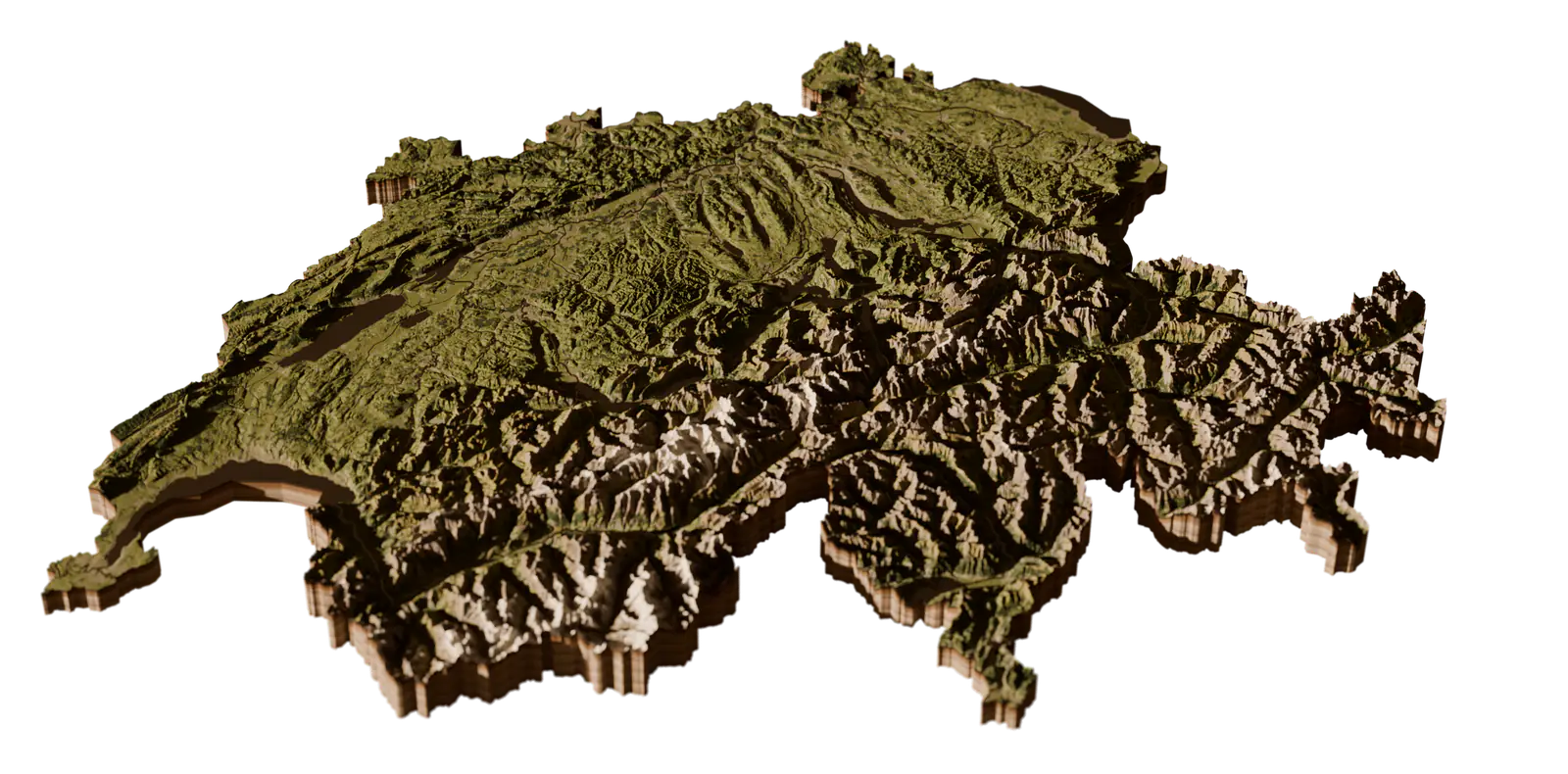 Relief der Schweiz als gerendertes Modell aus Höhendaten: die Alpen, das Mittelland mit seinen Seen und der Jura im Abendlicht. Markiert ist Meggen im Kanton Luzern.