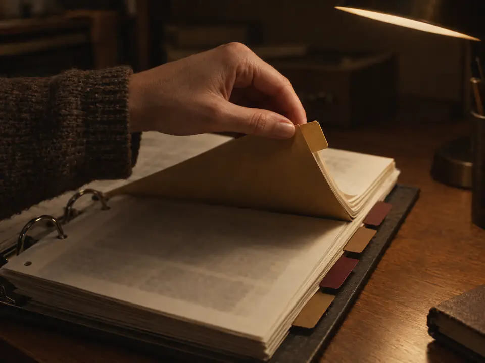 Eine Hand blättert in einem Ordner zu einem Register mit leerem Reiter.