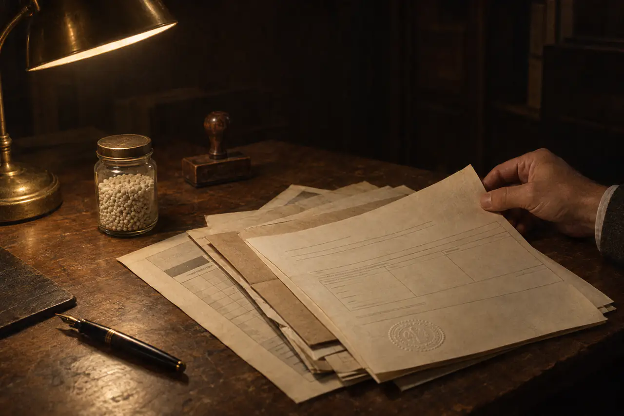 Frachtpapiere mit einem Prägesiegel, ein Glas mit Granulat, ein Stempel und ein Füllfederhalter unter einer Messinglampe; eine Hand prüft das oberste Blatt.